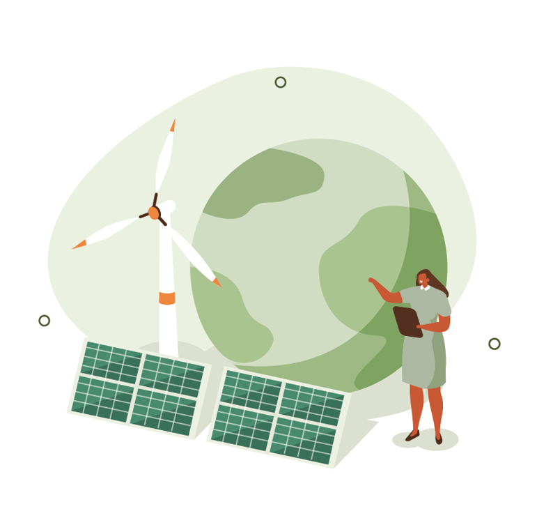 woman next to earth, wind turbine and solar panels